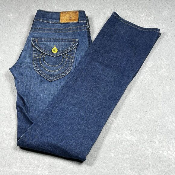 TRUE RELIGION Jeans Womens Size 27 Blue Denim Straight Leg Flap Pockets - Picture 1 of 14